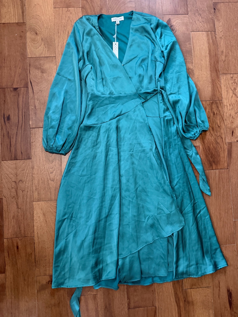 She + Sky Teal Green Wrap Midi Dress Tie Waist Long Sleeve Size M